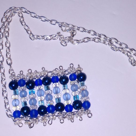 Handmade Blue Beaded Statement Necklace With Silver Tone Chains - Picture 6 of 16